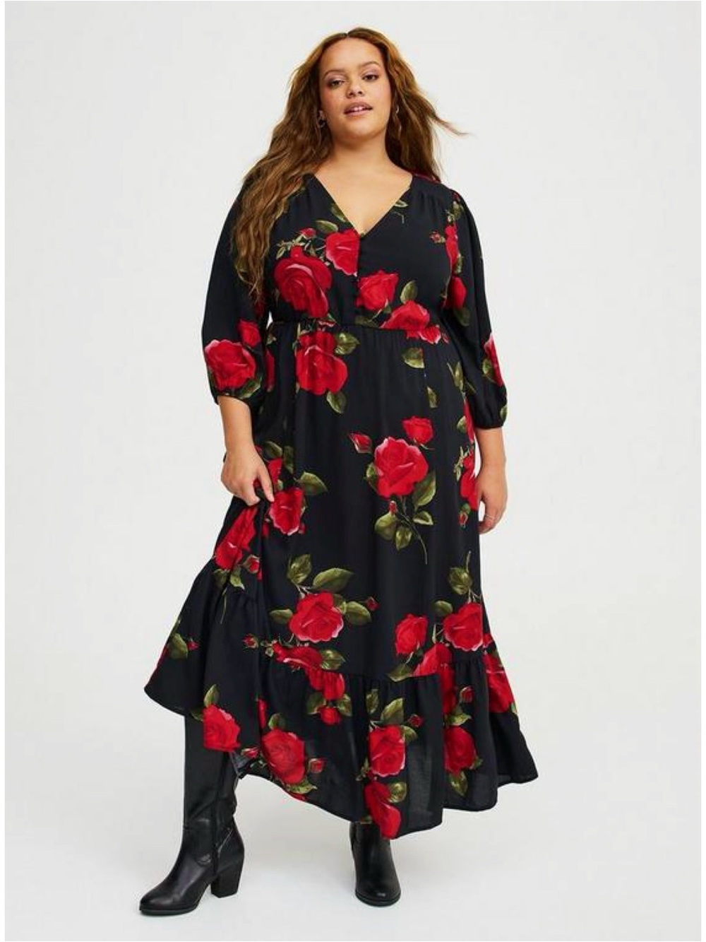 TORRID Black and Red Floral Print Maxi Dress - Picture 2 of 8